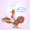 Thanksgiving funny cartoon turkey cook serving pumpkin pie and holding a fork.