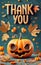 Thanksgiving greeing card, illustration decorated with 3D Realistic spooky pumpkin and autumn fall maple leaves.