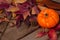 Thanksgiving or Halloween Still Life scene with colorful fall leaves and a mini pumpkin on rustic wood board table with copy space