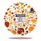 Thanksgiving holiday banner with traditional turkey and fruit pie, pumpkin, caramel apples and mushroom harvest vector