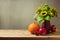 Thanksgiving holiday concept with sunflowers and pumpkin on wooden table