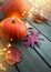 Thanksgiving holiday party background, autumn pumpkin and holidays light decoration