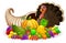 Thanksgiving horn of plenty cornucopia full of vegetables and fruit with cartoon turkey bird