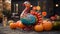 Thanksgiving inflatable turkey and pumpkins front yard display, exterior home decor