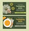 Thanksgiving invitation  cards. Pumpkin soup with spoon on table. Pumpkins on green background.