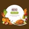 Thanksgiving menu, poster or banner design template. Vector illustration of roasted turkey, pumpkin, wine, pie