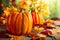 Thanksgiving orange pumpkins, autumn leaves and berries on wooden table.  Autumn background banner with falling leaves