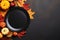 Thanksgiving Party Banner Concept with Plate, Pumpkin, and Autumn Leaves on Dark Background AI Generated