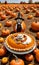 Thanksgiving Pie In A Pumpkin Patch With Scarecrows Aroun. Generative AI