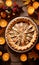 Thanksgiving Pie On A Rustic Wooden Table With Golden Candleligh. Generative AI