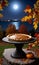 Thanksgiving Pie On A Stone Pedestal Under The Moonligh. Generative AI