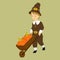 Thanksgiving Pilgrim Boy Pushing a Wheel Cart Filled With Pumpkins