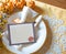 Thanksgiving Place Setting with Menu Card with Blank Menu Card for your words, text or copy. Above View horizontal with silverwar