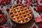 Thanksgiving Raspberry pie tart cake baked pastry food on rustic table. Autumn creative composition decoration.