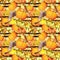 Thanksgiving repeating pattern - birds, autumn flowers, pumpkins . Vintage watercolor with black stripes