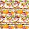 Thanksgiving repeating pattern - birds, fruits, vegetables - pumpkin, apples, grape with autumn leaves. Vintage