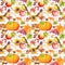 Thanksgiving repeating pattern - birds, fruits, vegetables - pumpkin, apples, grape with autumn leaves. Vintage