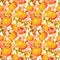 Thanksgiving repeating pattern - pumpkins and flowers. Floral watercolor background