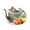 Thanksgiving rustic autumn pumpkin decor. Watercolor illustration. Hand drawn rustic thanksgiving festive decoration