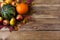 Thanksgiving rustic background with green pumpkin, orange onion squash, fall leaves, apples and pears on the wooden table, copy