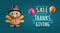 Thanksgiving sale banner with 3d cute turkey in pilgrim hat and air balloons. Vector illustration