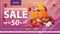Thanksgiving sale, up to 50% off, horizontal pink web banner with autumn harvest