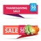 Thanksgiving sale, up to 50% off, two horizontal discount banners in the form of a ribbon with rubber boots, pumpkin, mushrooms