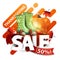 Thanksgiving sale, up to 50% off, white square discount banner with large letters, red ribbon, rubber boots, pumpkin, mushrooms