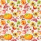 Thanksgiving seamless background. Fruits, vegetables - pumpkin, autumn leaves. Watercolor