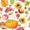 Thanksgiving seamless background. Fruits, vegetables - pumpkin, autumn leaves. Watercolor