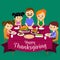 Thanksgiving set, happy family at the dinner table eat turkey drink wine. Mother father with childrens