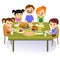 Thanksgiving set, isolated happy family at the dinner table eat turkey drink wine. Mother father with childrens