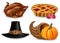 Thanksgiving set Vector realistic. Turkey, pie and hat 3d detailed illustrations