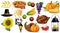 Thanksgiving set Vector realistic. Turkey, pie, pumpkins, hat 3d detailed illustrations