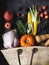 Thanksgiving shopping with raw poultry, vegetables and fruits. Shopping for Thanksgiving table. Flat lay Fresh Farm Bag