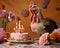 A Thanksgiving table with many pastel items in view of a turkey celebrating with a cake, AI generated illustration