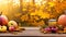 A Thanksgiving Table with Pumpkins, Apples, Pears, and Autumn Foliage.