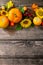 Thanksgiving table. Pumpkins, sunflowers, apples and fallen leaves. Top view flat lay. Copy space