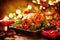 Thanksgiving table served with turkey, decorated with autumn leaves