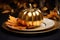 Thanksgiving table setting concept. Decorative golden painted leaves and pumpkin. AI generated