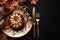 Thanksgiving table setting concept. Decorative golden painted leaves and pumpkin. AI generated