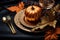 Thanksgiving table setting concept. Decorative golden painted leaves and pumpkin. AI generated