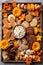 thanksgiving-themed cookies and desserts on a platter