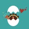 Thanksgiving turkey cartoon in cracked egg with confetti popper and red heart