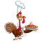 Thanksgiving turkey chief cook serving pumpkin pie. Vector cartoon.