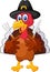 Thanksgiving turkey mascot holding knife and fork and wearing a pilgrim hat