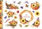 Thanksgiving vintage style decor set. Watercolor illustration. Hand drawn autumn floral design with pumpkin, fruit