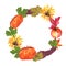 Thanksgiving wreath - fruits and vegetables with autumn leaves. Thanksgiving Watercolor
