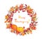 Thanksgiving wreath - pumpkins, berries, autumn leaves. Watercolor round border