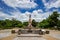 Thao Suranari statue with beautiful sky at Thao Suranari Park,Ban Nong Sarai,Pak Chong,Nakhon Ratchasima,Thailand.Non English text